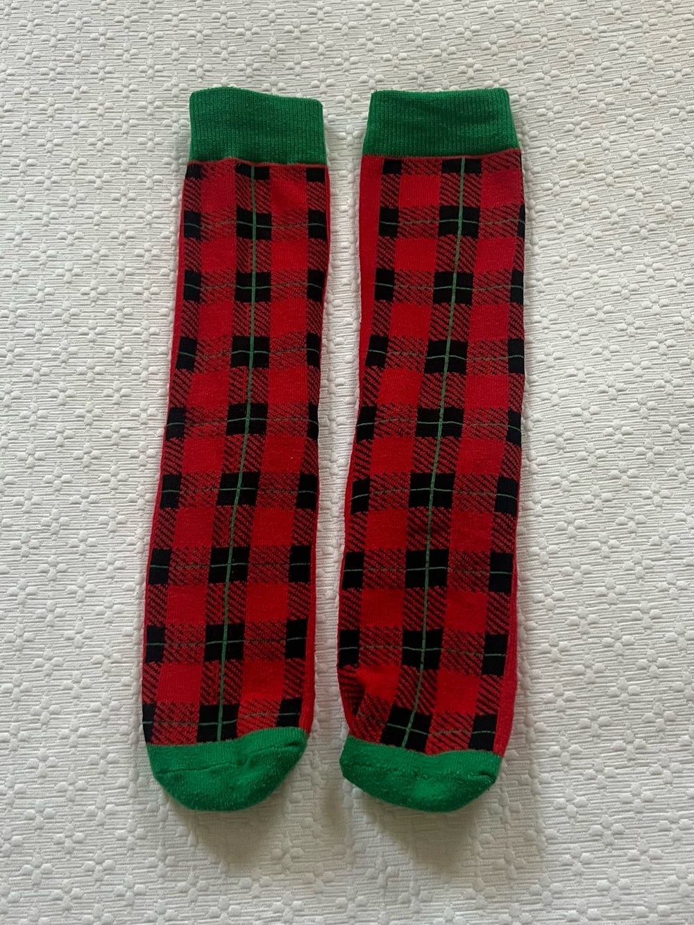 Men's Red Plaid Crew Socks with Green Trim